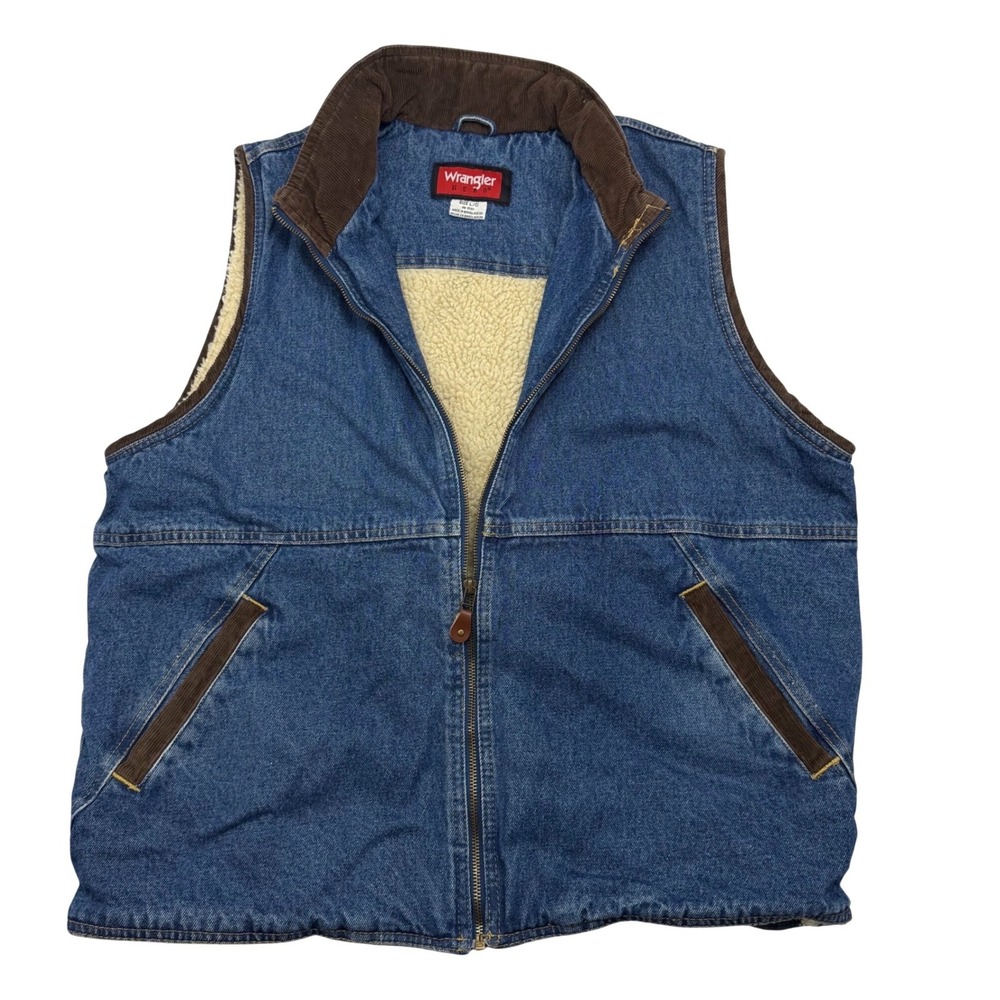 Vintage Wrangler Hero Mens Blue Denim Full Zip Vest Sherpa Lined‎ Sz Large